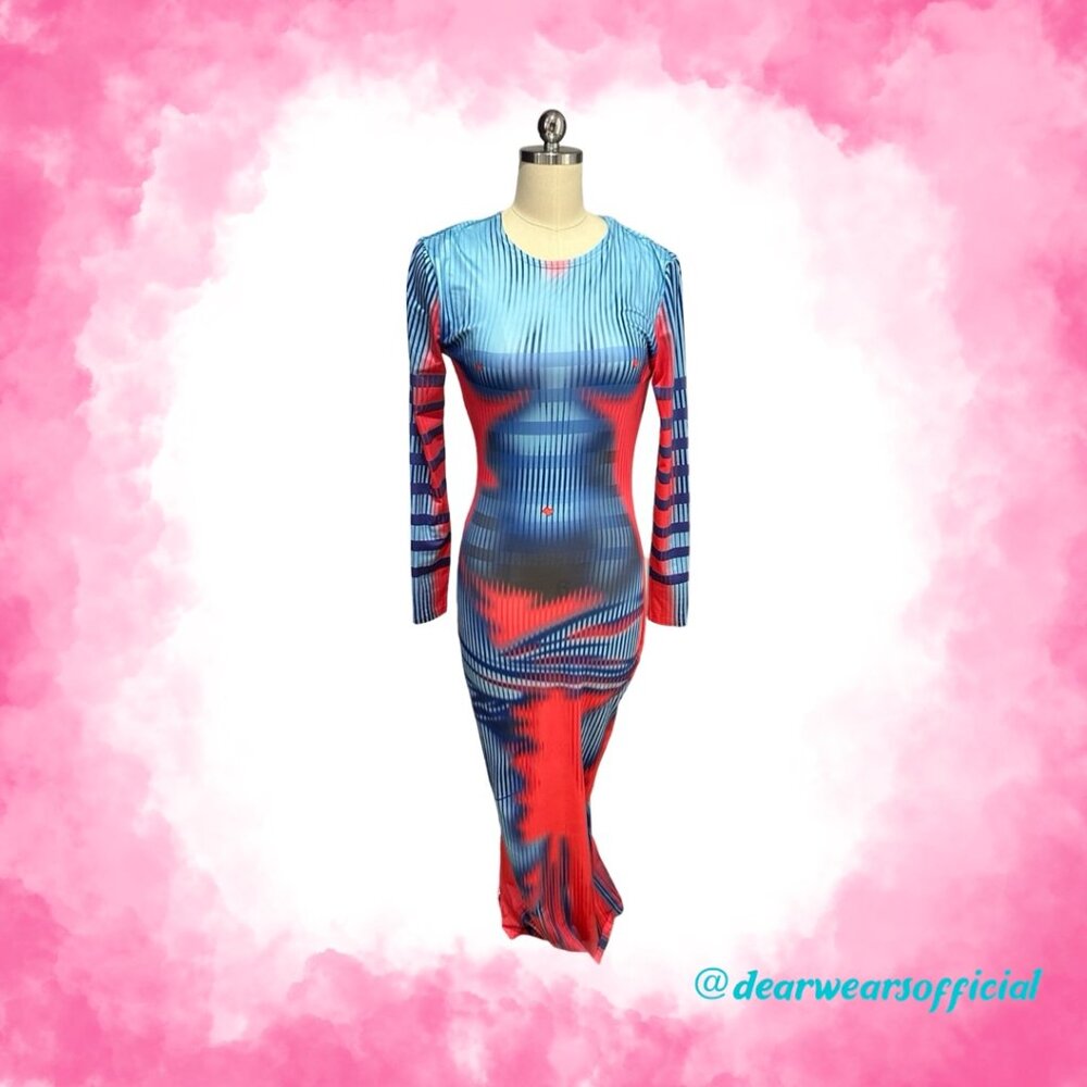 Y2K Bodycon Blue and Red Maxi Dress